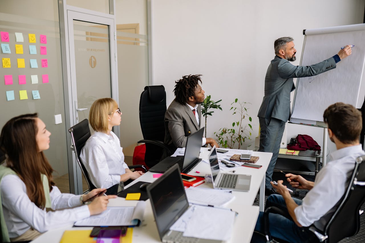 The Art of Drawing Readers In: Your attractive post title goes here Business team engaged in a collaborative meeting with a leader presenting on a flip chart.